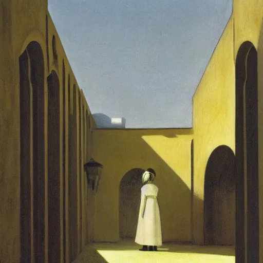 Image similar to in the distance, a little girl with short black hair and wearing a yellow coat alone in the inner courtyard of a cloister in an abbey, the light is bright and wintry, painting by hopper and de chirico