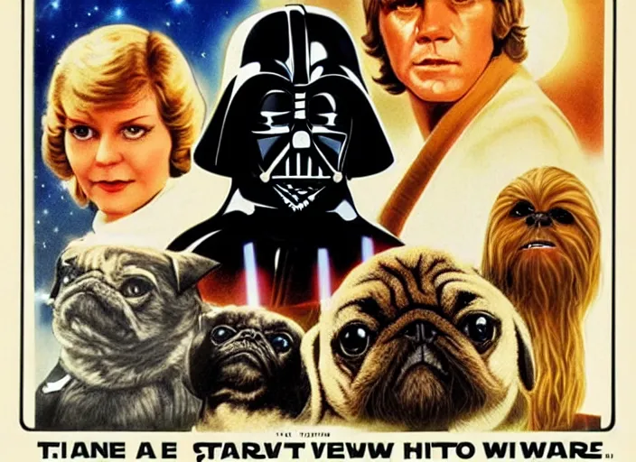 Image similar to vintage 1 9 7 7 star wars episode iv a new hope movie poster, with pugs instead of people