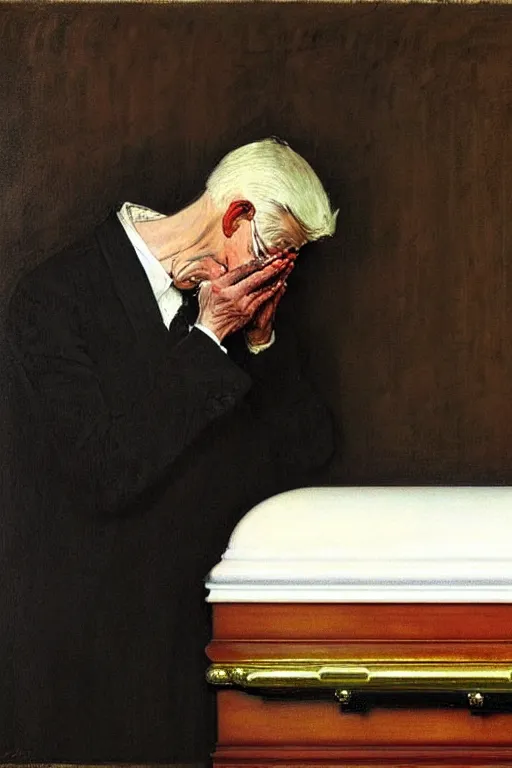 Image similar to a sad man mourning over a casket by sydney prior hall and alfred stevens and sherree valentine daines and norman rockwell, casket, highly detailed, deep shadows, accurate face, hyperrealism