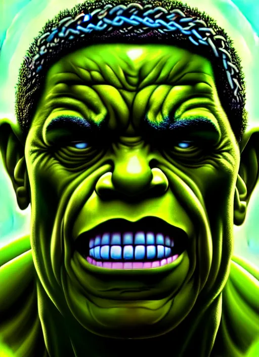 Prompt: portrait of barack obama as the hulk, hyperdetailed illustration by irakli nadar and alexandre ferra, volumetric lighting, celtic fantasy art, psychedelic, intricate, hyper detailed, smooth, vibrant aura, intricate linework, white porcelain skin, faberge, coral