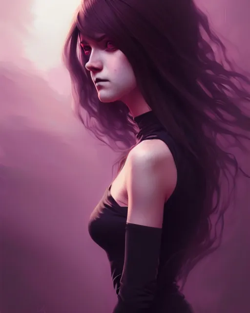 Image similar to hyper - realistic portrait of a gothic girl, dynamic wavy hair, dynamic body anatomy, detailed designs, digital painting, 4 k, by ilya kuvshinov, by greg rutkowski, atmospheric lighting