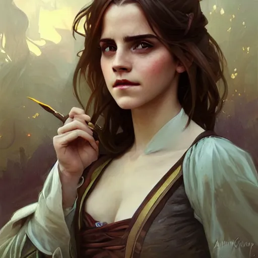 Image similar to emma watson d & d fantasy intricate elegant highly detailed digital painting artstation concept art matte sharp focus illustration hearthstone art by artgerm art by greg rutkowski art by alphonse mucha