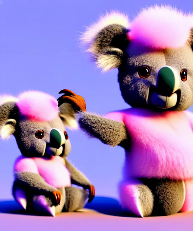 Image similar to high quality 3 d render hyperrealistic very cute small koala smoking weed, plush mascot, short spiky dense fluffy smooth hair, photo from the side, pink fluffy fur, 1 5 0 mm, beautiful natural soft light, rim light, vray, smooth background, artstation, ultra detailed