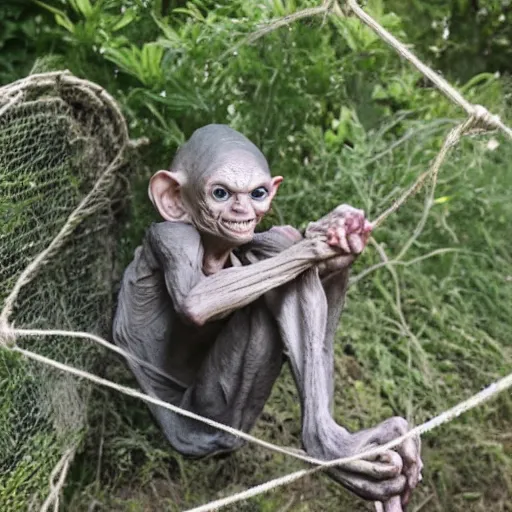 Image similar to Gollum sat on the twine, stretching