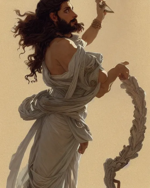 Prompt: young greek man, long curly hair, elegant ancient greek dress, very detailed, coast as the background, beautiful, intricate, cinematic, artstation, william bouguereau, alphonse mucha, greg rutkowski, rossdraws, octane render