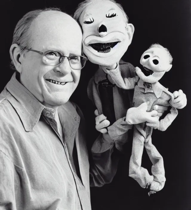 Image similar to hyper realistic old 1 9 8 0 photography of lunatic mad smiling ventriloquist old man with terrific haunted smiling puppet