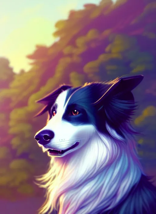 Image similar to wide angle beautiful full body portrait of a cute male anthropomorphic anthro border collie posing in front of a park, character design by charlie bowater, henry asencio, and ross tran, furry art, furaffinity, beautiful, glamor pose, detailed, aesthetic, trending on artstation