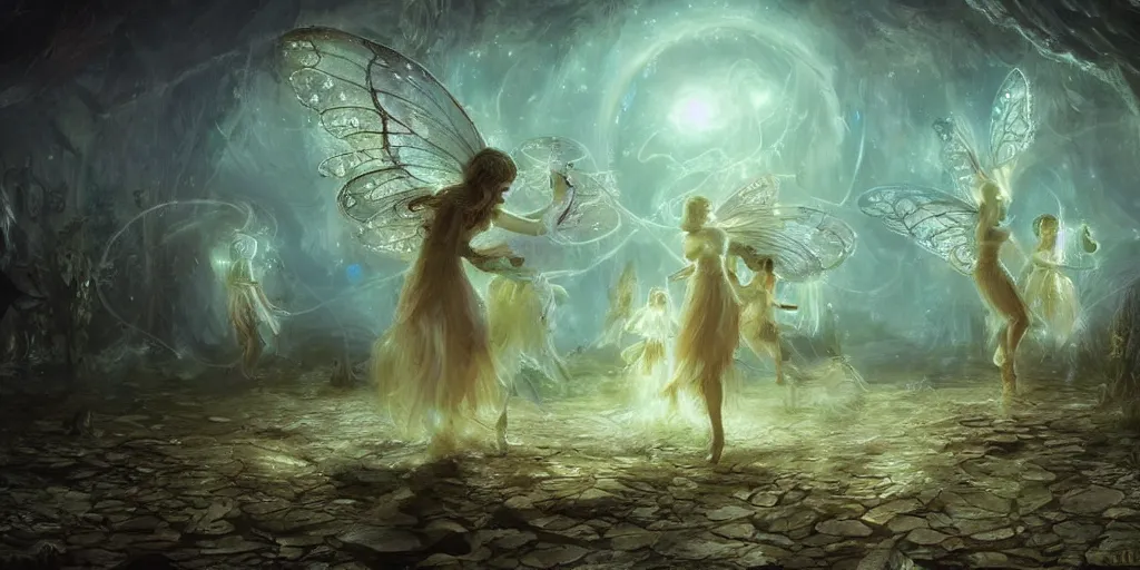 Image similar to concept art of translucent glowing fairies dancing, lovecraftian, renaissance, melting, round moon, rich clouds, fighting the horrors of the unknown, very detailed, volumetric light, mist, fine art, decaying, textured oil over canvas, epic fantasy art, very colorful, ornate intricate scales