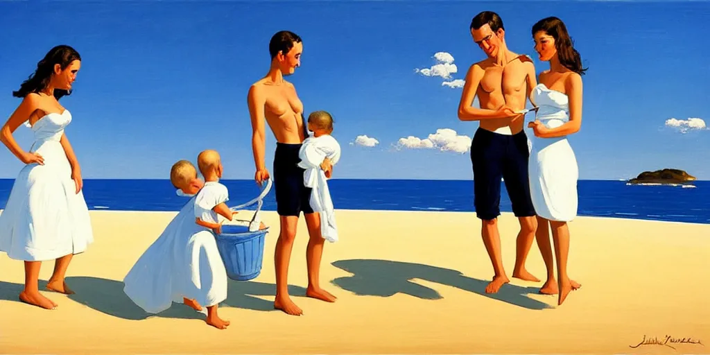 Image similar to a couple and a baby on a beach in sardinia, white sand, blue sky, summer, painting by jack vettriano