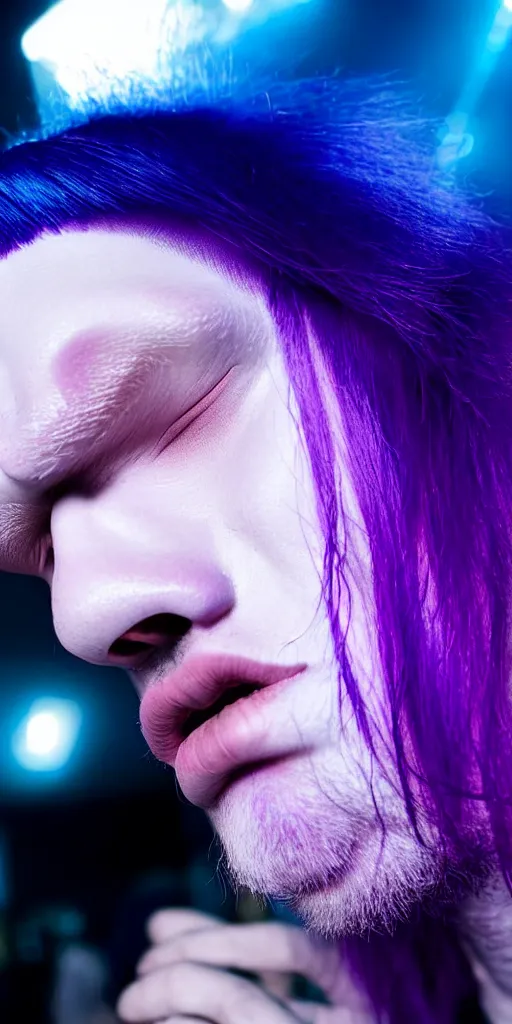 Image similar to hyperrealistic close-up of beautiful albino man kissing another man with purple hair and pearlescent blue skin james paick machiej kuciara very dramatic neon lighting on one side wide angle 35mm shallow depth of field