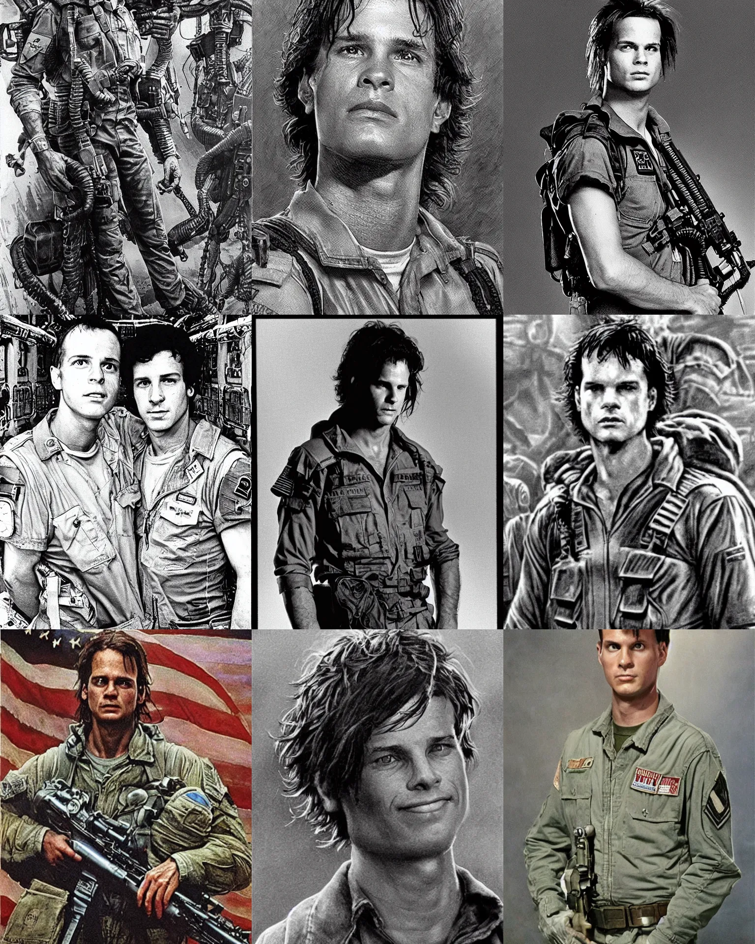 Prompt: private first class william l. hudson ( bill paxton 2 5 years old ) in the film aliens 1 9 8 6,, flat top haircut,, michael whelan and gustave dore