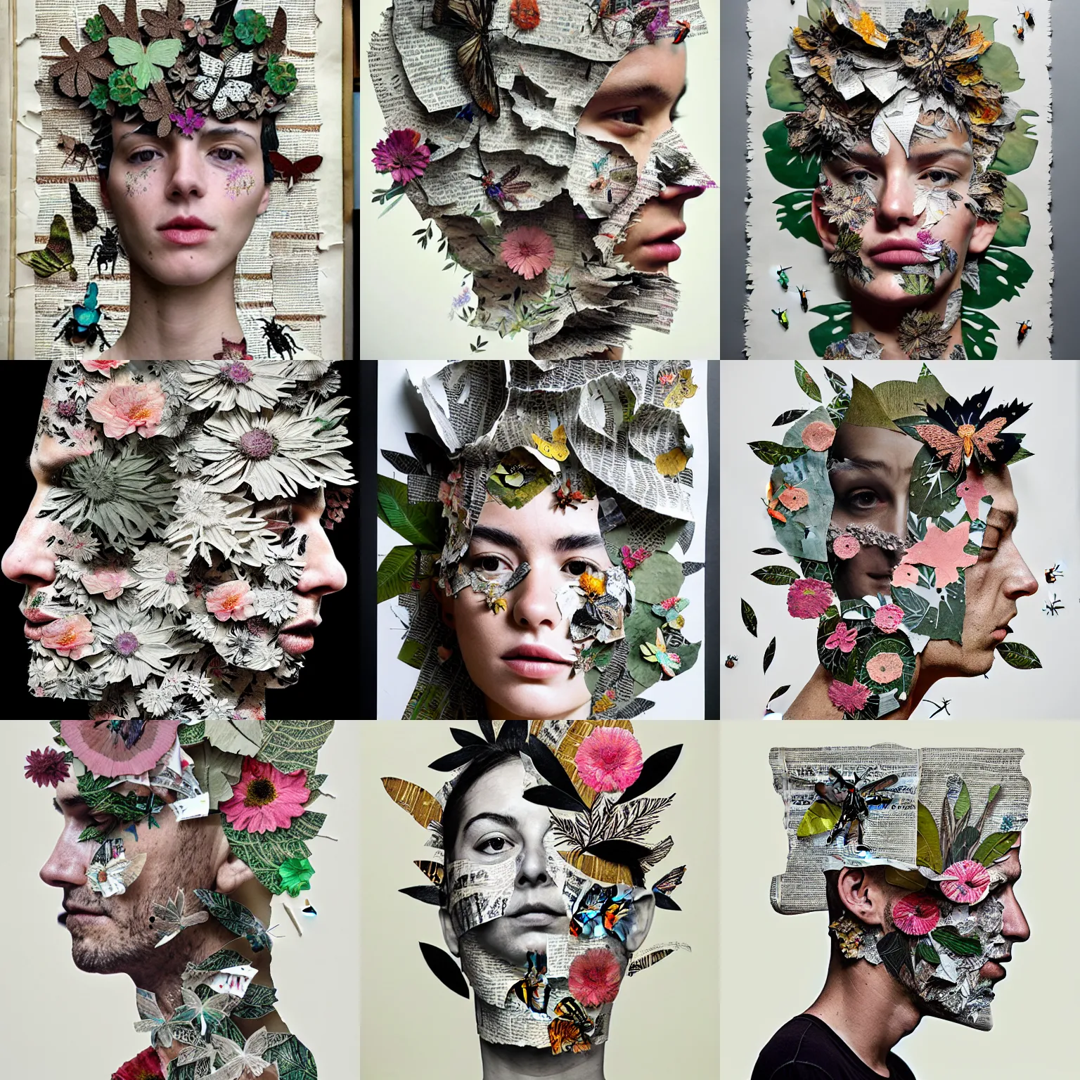 Prompt: blendered cut outs of florals and insects sticking on top of partly hidden alluring grained face, ink en pen intricate foliage filling the page up, ripped newspaper cuts taped on top of each other, used tape, mixed media, hyperrealistic, unreal engine, by gabriel moreno