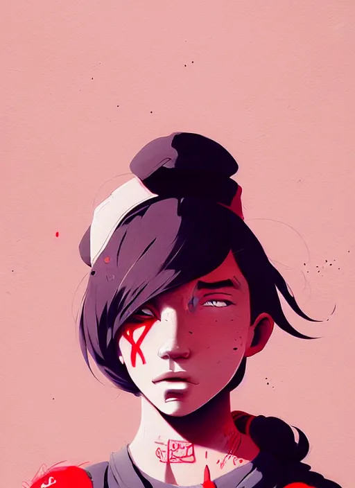 Image similar to highly detailed graffiti of a teenager, by atey ghailan, by greg rutkowski, by greg tocchini, by james gilleard, by joe fenton, by kaethe butcher, gradient violet, black, red, cream and white color scheme, award winning details