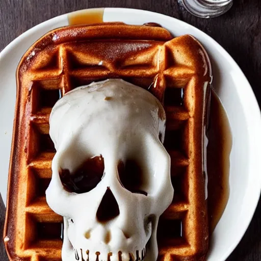 Prompt: a photo of a tasty scrumptious waffle in the shape of a skull with syrup on a plate, food photography