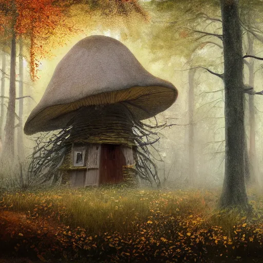 Image similar to an old broken hut in an autumn forest, huge tall mushrooms around it, green and brown tones, by Aron Wiesenfeld and beksincki, cinematic, detailed illustration, nature, fog, dark colors, suspense, intricate, 8k