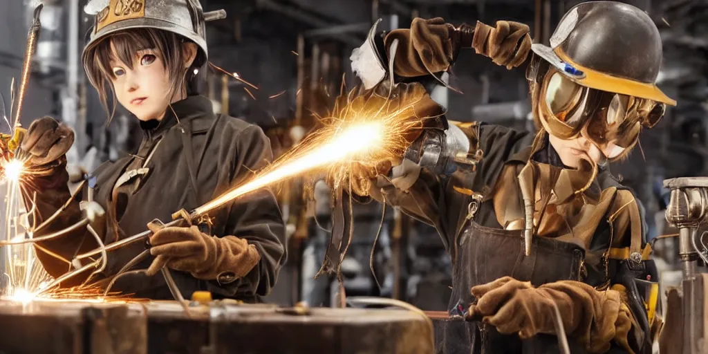 Image similar to Anime key visual of a steampunk girl welding metal in her workshop, official media