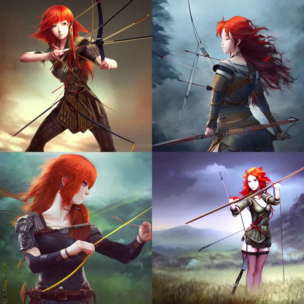 Prompt: A redheaded female archer with lightweight armor, pulling her bow and aiming at her target, standing at the top of a hill. Dark fantasy anime, digital painting by WLOP.