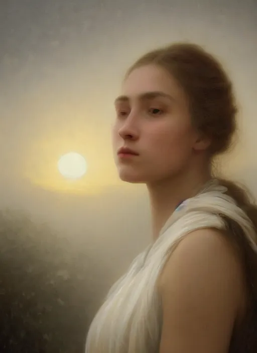 Prompt: oil painting close up portrait of a contemplative young norwegian woman with very long dark flowing hair in a dress made of white roses!! at sunset, hazy, digital art, chiaroscuro, artstation, cinematic, golden hour, digital art painting by greg rutkowski, william - adolphe bouguereau, hazy atmosphere, cinematic lighting