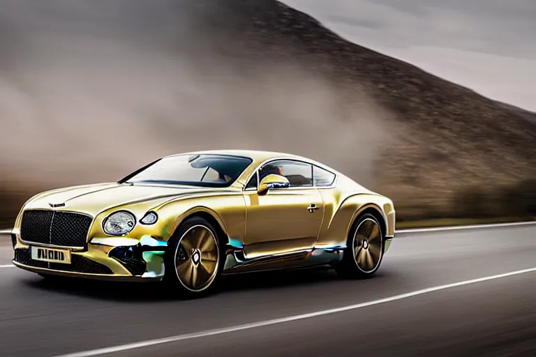 Image similar to Bentley Continental GT in shiny gold film drives along old Russian village road with houses around the edges