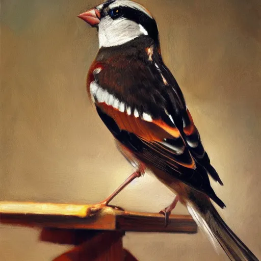 Image similar to an oil paiting of a sparrow perched on a chair, highly detailed, oleo, artstation, sharp focus, by diego velazquez