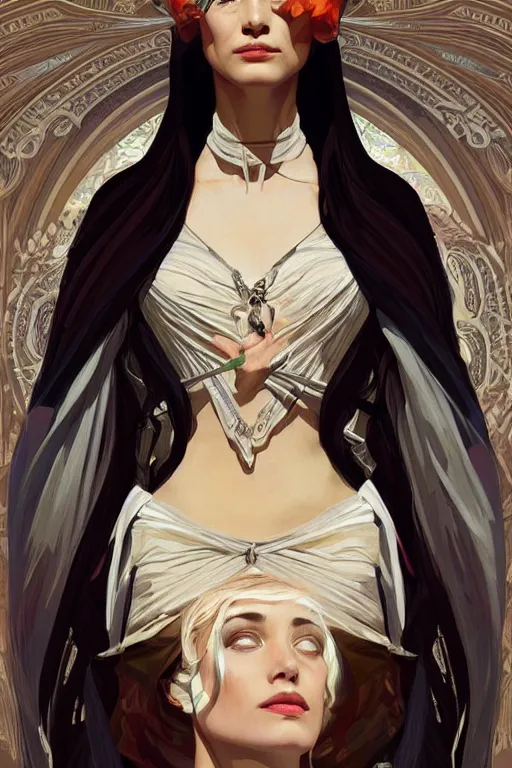 Image similar to high priestess, no noise, elegant, concept art, sharp focus, beautiful face!!, digital art, smooth defined outlines!!, human anatomy, human structure, vector background, by Brom, trending on Artstation, Alphonse Mucha, Tom Bagshaw, Sargent