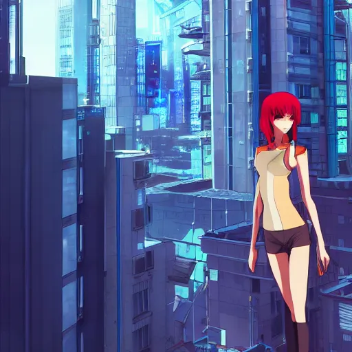 Image similar to a girl stands on top of a multi-storey building, anime style, 4k, cyberpunk city in the background, very detailed, by Ilya Kuvshinov