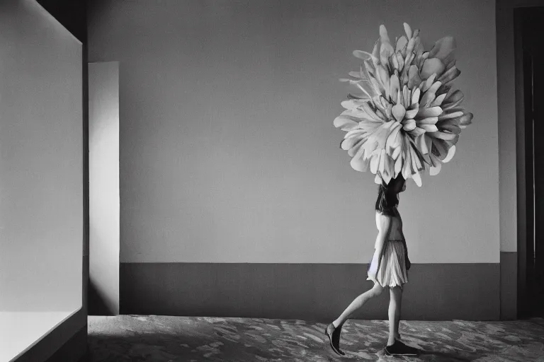 Prompt: giant flower head, girl walking in 1 9 6 0 s hotel, surreal, symmetry, mid century, fanciful, hue, detailed, wes anderson