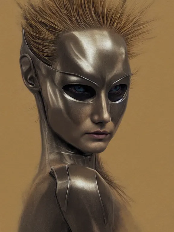 Image similar to golden pencil drawing of beautiful robot - cat woman face, goddess, beautiful blonde hair flying in the wind, hyper realistic face, in the style of greg rutkowski, beksinski, fantasy, amazing detail, epic, elegant, smooth, sharp focus, from the front, octan render