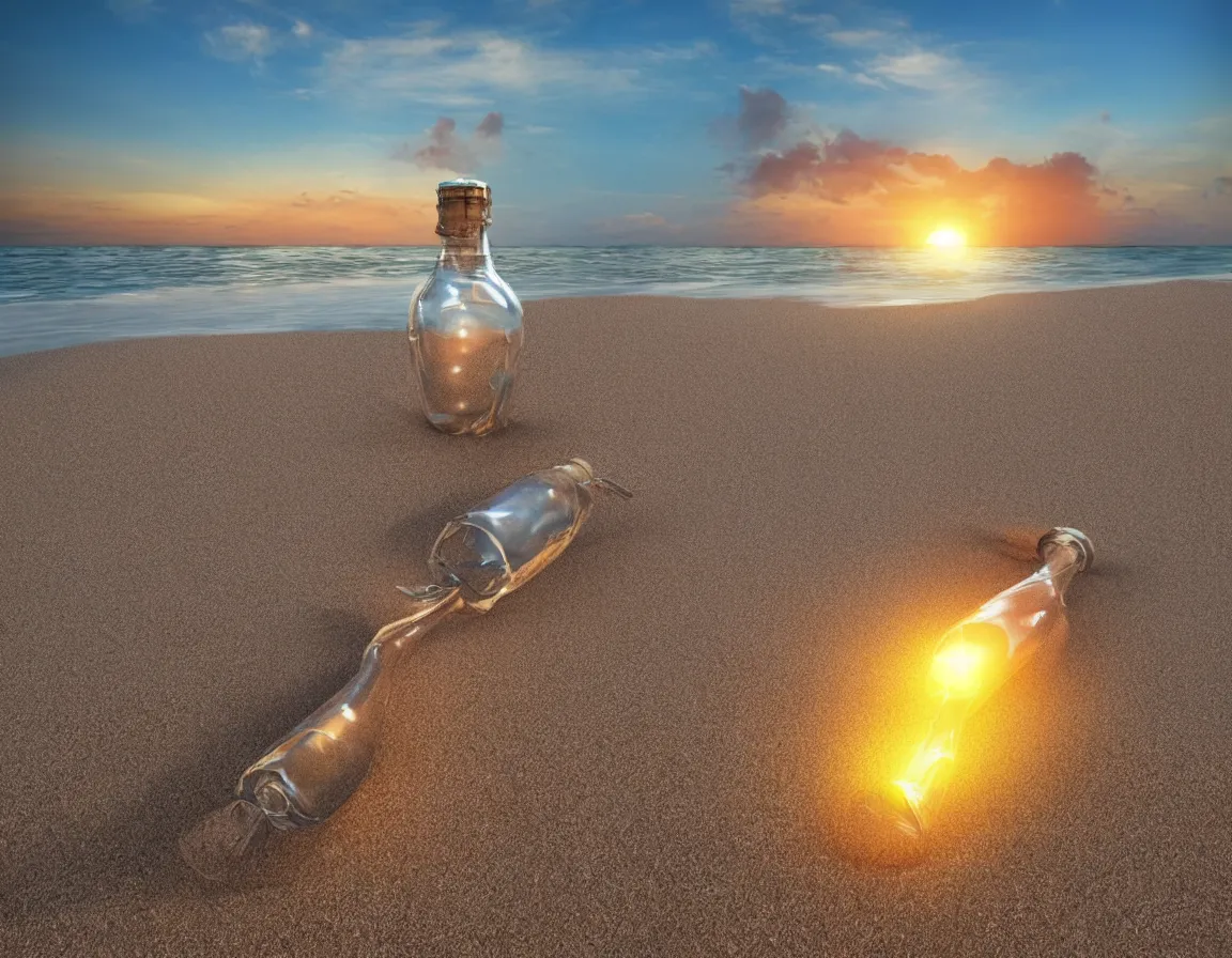 Image similar to 3 d rendering of message in the bottle washed ashore, beach island with one exotic palm tree, sunset lighting