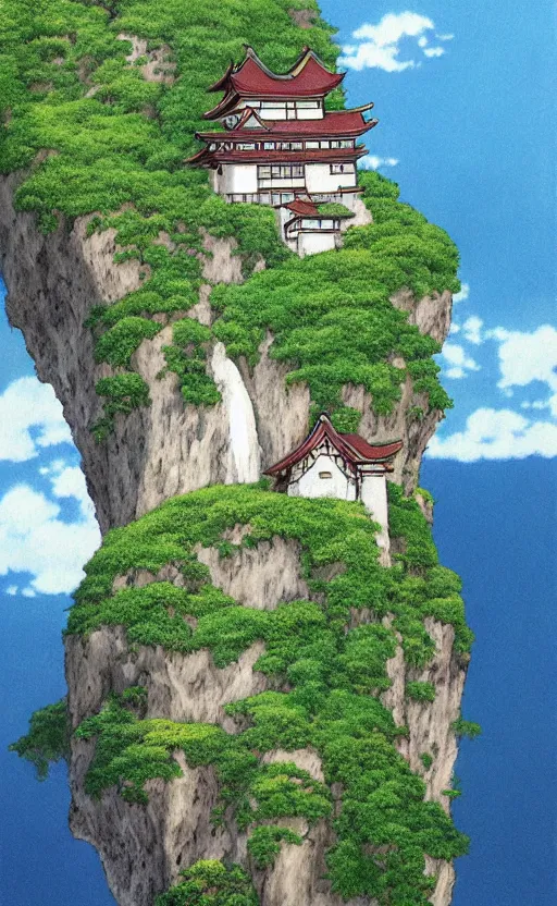 Image similar to amazing detailed photorealistic painting of a house hanging off a cliff edge. japan. studio ghibli. hd. hq