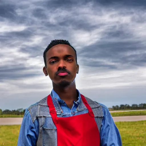 Image similar to Young man standing looking to the right in a red bandana, blue striped shirt, gray vest and a gun with a partly cloudy sky in the background. The young man is standing in front of an iron fence. Photograph. Real life