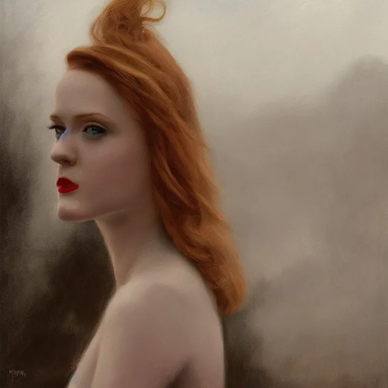 Image similar to portrait of Evan Rachel Wood on a roof, fog, early morning, , painted by Edward Hopper, painted by Wayne Barlow, airbrush