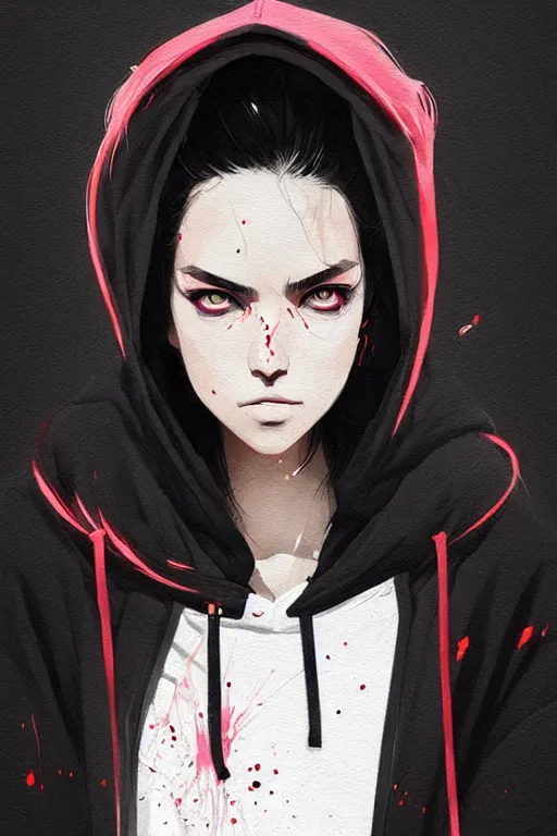 Prompt: a ultradetailed portrait painting of a stylish woman in a oversized hoodie, she has a wolfcut, by conrad roset, greg rutkowski and makoto shinkai trending on artstation