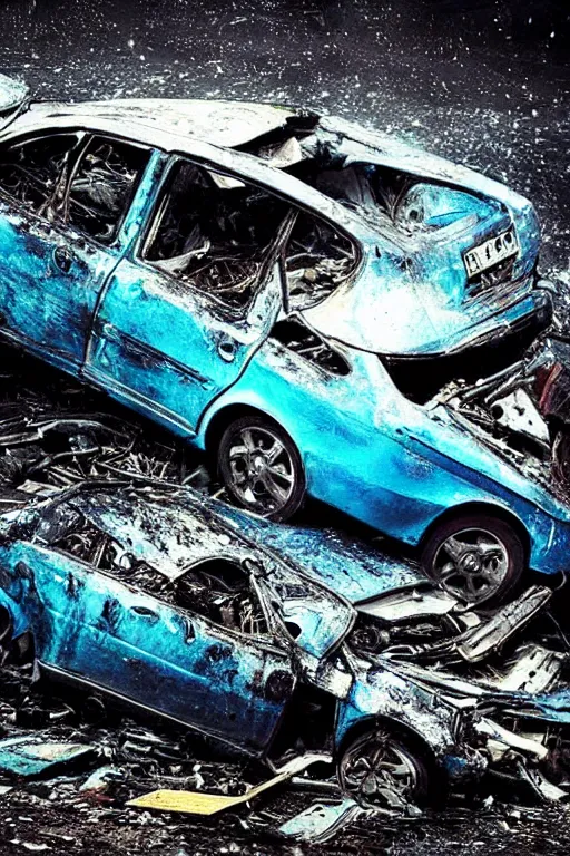 Prompt: “Skoda RS Blue disintegrated in junkyard in rain. Dark, realistic photo. ”