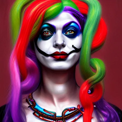 Image similar to an extremely psychedelic portrait of medusa as harleyquinn, surreal, lsd, face, detailed, intricate, elegant, lithe, highly detailed, digital painting, artstation, concept art, smooth, sharp focus, illustration