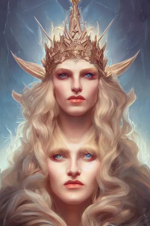 Image similar to stygian strange detailed portrait of a blue eyed, blonde haired crowned queen of summer with light elvish overtones and an arcane halo by kirsi Salonen, asya yoranova and peter mohrbacher trending on artstation