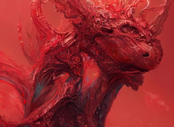 Image similar to woman loves sitting upon a scarlet coloured beast, pain, light effect, hyper detailed, intricate, elegant, highly detailed, digital painting, artstation, concept art, matte, sharp focus, illustration, by james jean, andrei riabovitchev, marc simonetti, yoshitaka amano