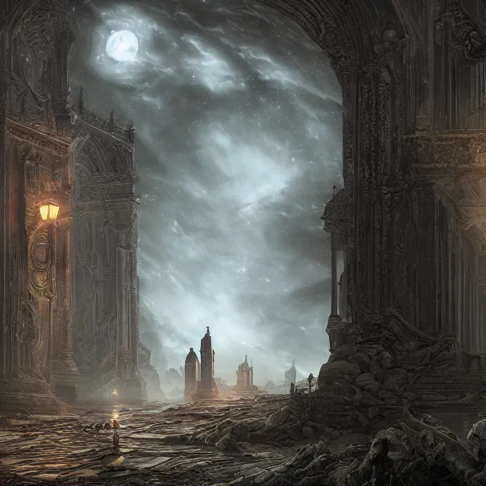 Image similar to gazing through the ominous dark etherial archway to the pitch black void, dark midnight, quiet and serene atmosphere, cg society contest winner, intricate high detail matte painting masterpiece