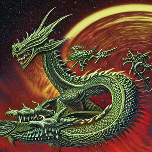 Prompt: dragon head illustration, art by David A Hardy