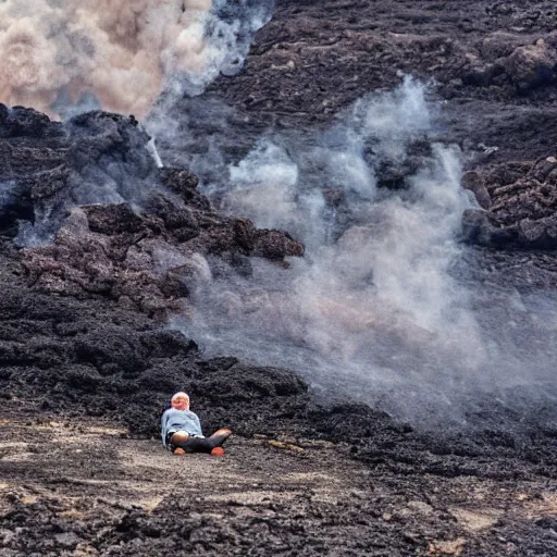 Image similar to old man sunbathing on a volcano, eruptions and lava on the ground, steam and thick sulfuric smoke, molten rocks, magma