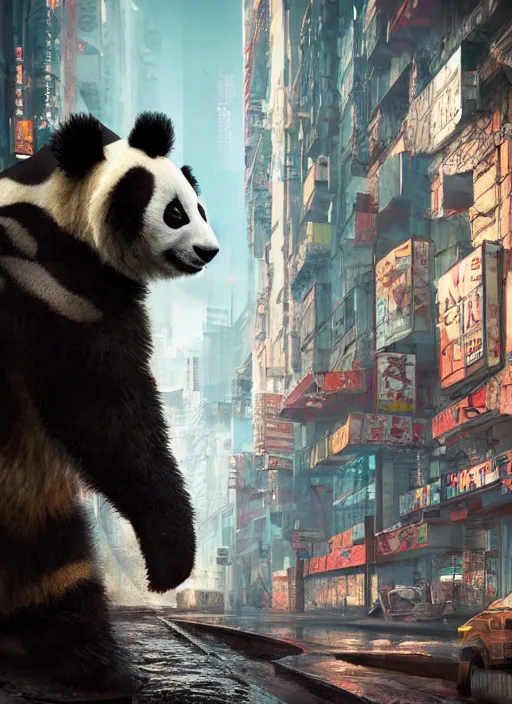 Image similar to hyperrealism, detailed textures, photorealistic 3 d cyberpunk panda in apocalyptic city, ultra realistic, cinematic, intricate, cinematic light, unreal engine 8 k, octane render, unreal engine