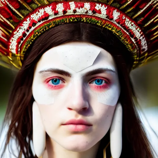 Prompt: minimalist photography portrait of an adorned germanic pagan woman, 8 0 0 ad, symmetrical, super close up, mid thirties, cute round slanted eyes, caucasian, wide nostrils, high cheekbones, full cheeks, high flat eyebrows, angelic, ethereal essence, leica 1 0 0 mm f 0. 8