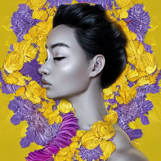 Image similar to the portrait of an unimaginably beautiful, graceful, and elegant woman made of bananas and petals, an ultrafine detailed illustration by kim jung gi, irakli nadar, intricate linework, bright colors, final fantasy, behance contest winner, angular, unreal engine 5 highly rendered, global illumination, radiant light, detailed and intricate environment