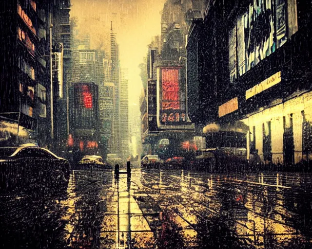 Prompt: rainy autumn day in the city in the style of cyberpunk noir art deco