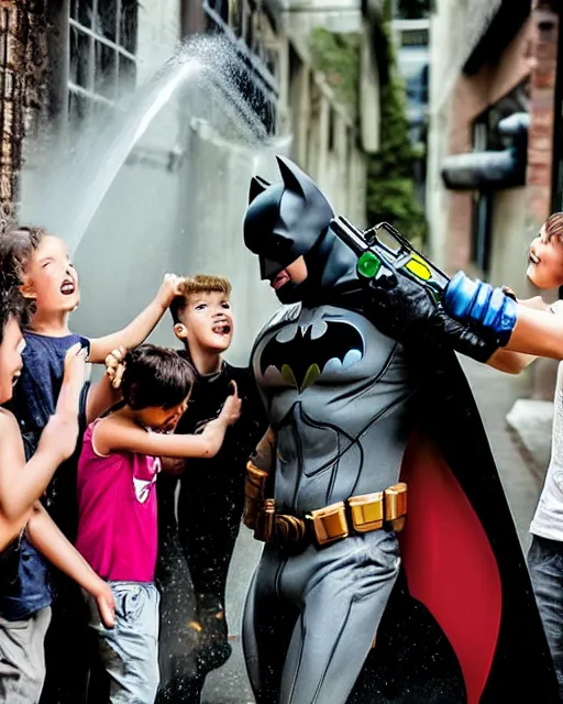 Image similar to happy batman firing super soaker water gun in an alleyway with a group of children having fun, toy product advertisement, photography