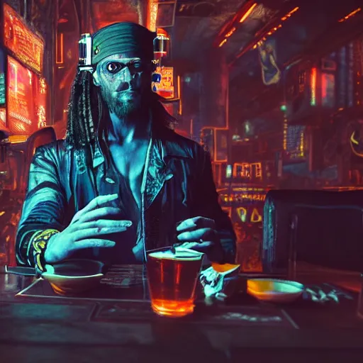 Image similar to high quality portrait of a pirate with four arms in a cyberpunk cyberpunk cyberpunk cafe, realism, 8k, award winning photo