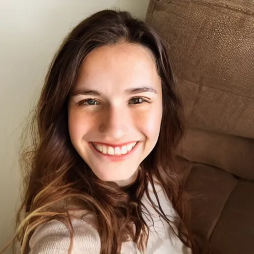 Prompt: Selfie photograph of a cute young woman smiling, long shiny bronze brown hair, full round face, emerald green eyes, medium skin tone, light cute freckles, smiling softly, wearing casual clothing, relaxing on a modern couch, interior lighting, cozy living room background, close-up shot, trending on instagram