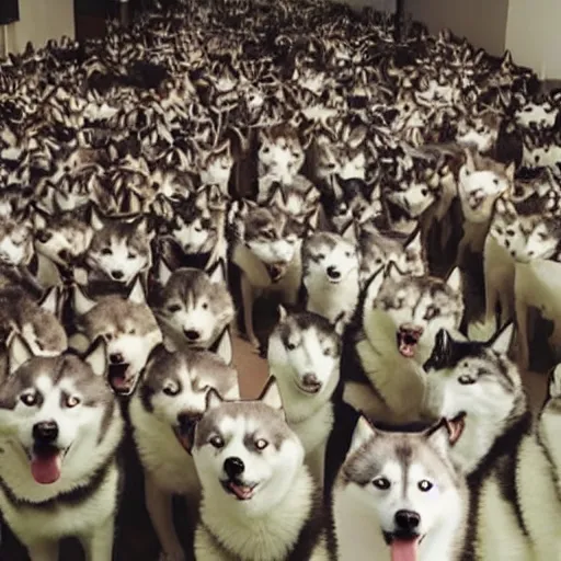 Prompt: a room filled with hundreds of huskies