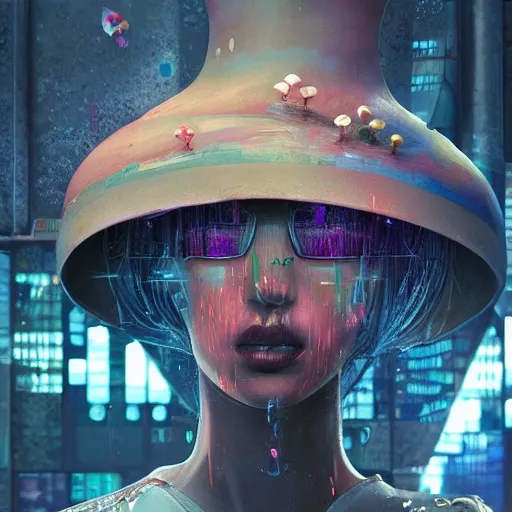 Image similar to A mushroom in a robe & pointed hat hyperrealism graffiti 8K 3D cyberpunk hyperdetailed serene cosmic Nvidia GeForce RTX 3060 Ti Moebius polished elaborate complex meticulous Horde 3D, Rafael Santi”