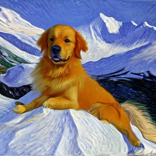 Prompt: english golden retriever in Alaskan mountains, by Vincent VanGogh